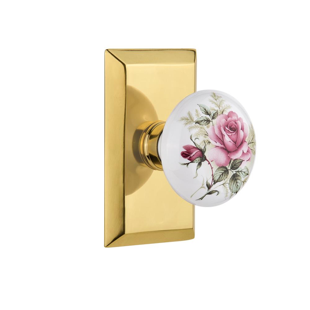 Nostalgic Warehouse STUROS Privacy Knob Studio Plate with White Rose Porcelain Knob in Polished Brass